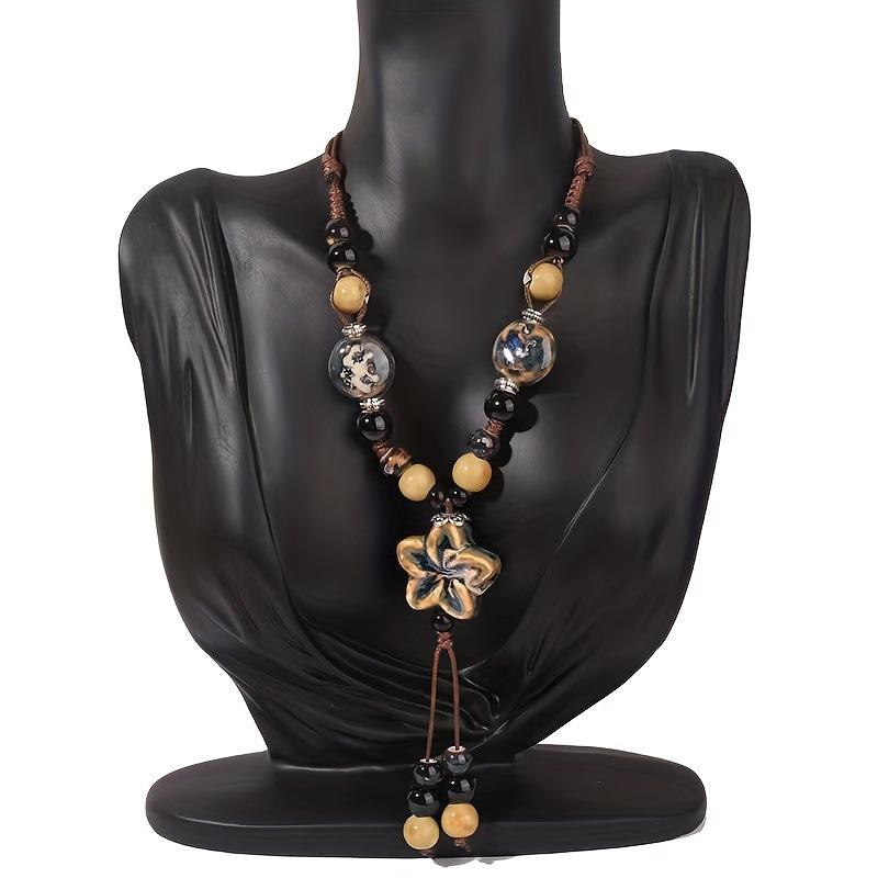 Bohemian Long Knitted Ethnic Style Sweater Chain Bamboo Retro All-Match Handmade Pearl Tassel Unisex Geometric Necklace
