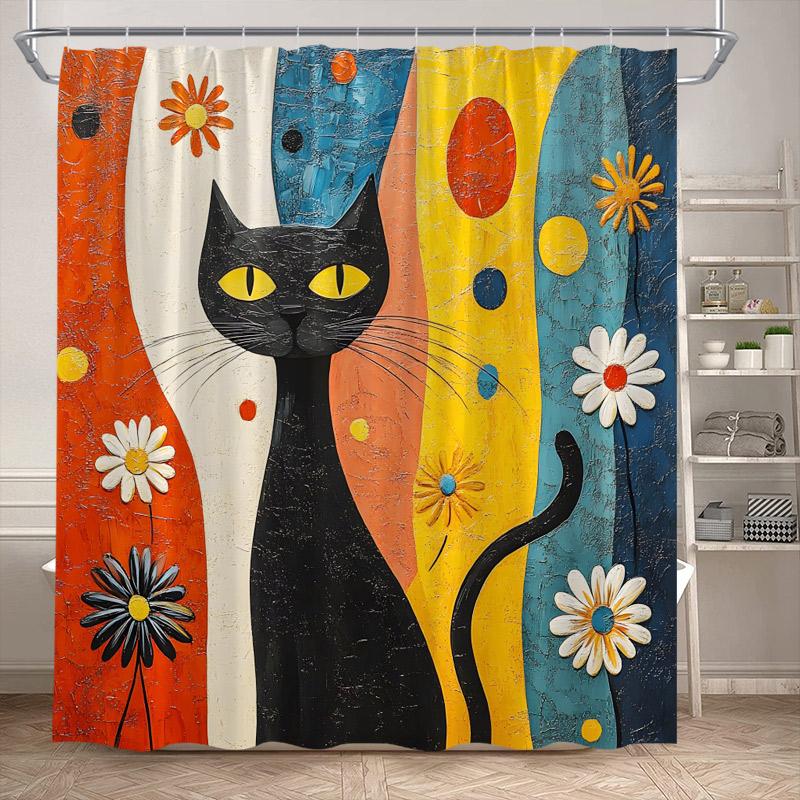 Funny Black Cat Shower Curtains Cute Animal Pet Floral Vintage Painting Art Modern Fabric Home Bathroom Decor Bath Curtain Set
