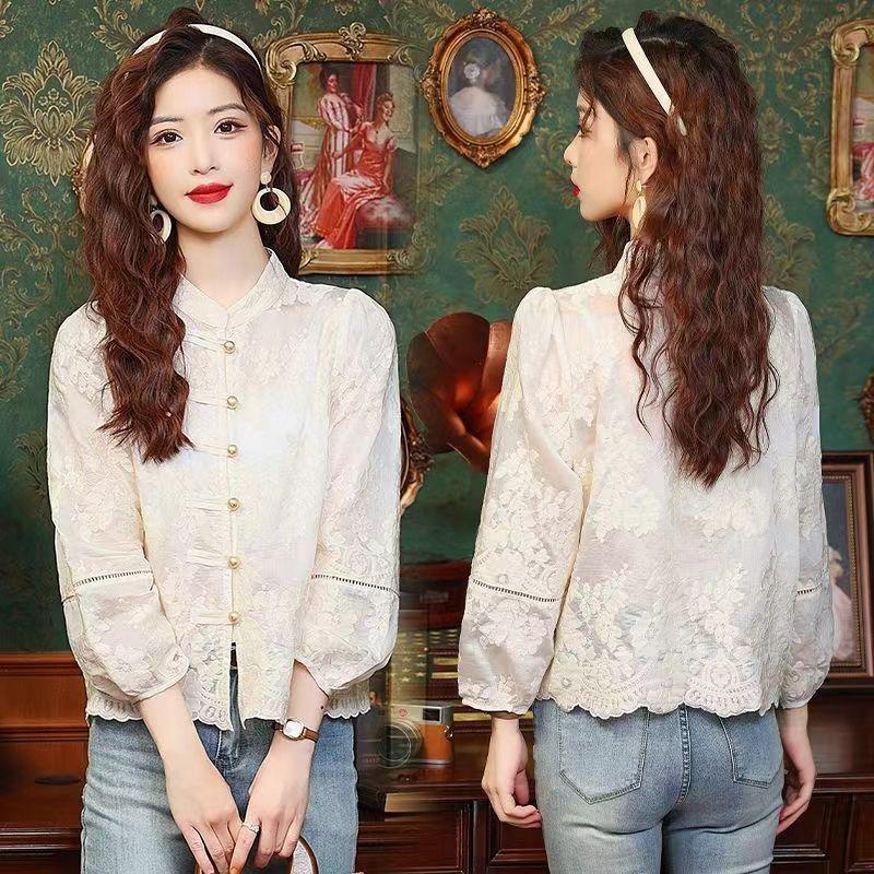 Spring Buckle Embroidered Stand-up Collar Lace Long-sleeved Shirt 2025 New Temperament Top Retro Women