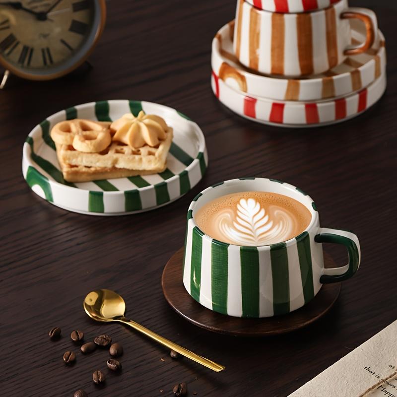 1 Set Creative Ceramic High end Striped Coffee Cup Office Afternoon Tea Exquisite Pull Flower Hand Gift Cup and Saucer Combination