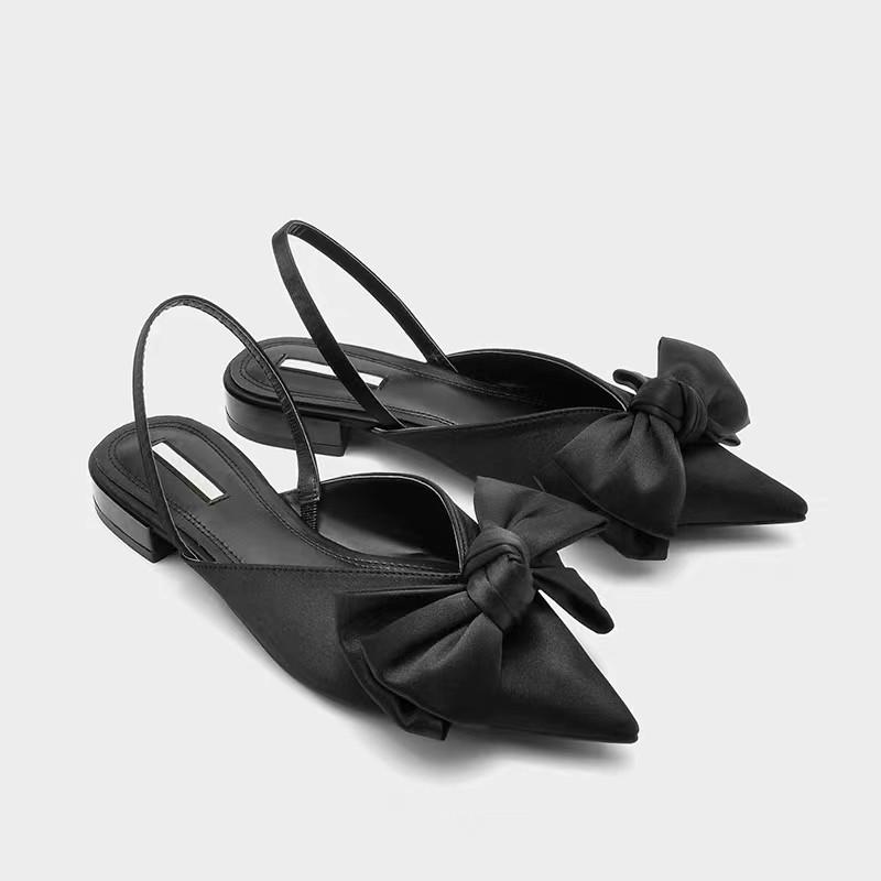Fashion Summer New High Heels Satin Bow Pointed Sandals Women's Half Bag Head One Line Buckle Flat Shoes