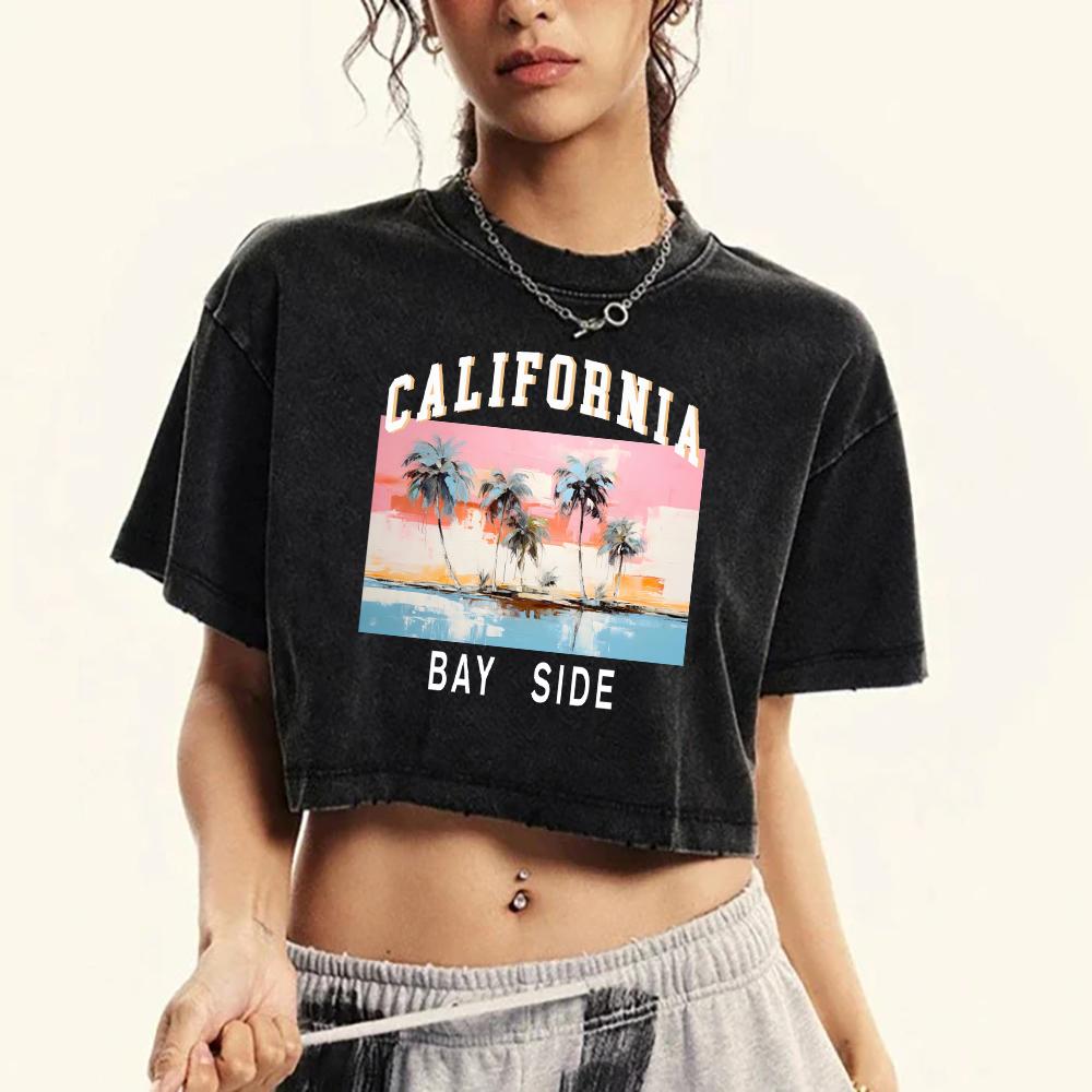 California Bay Side Beautiful Print Washed T-Shirt Women Cotton Comfortable T Shirt Cool Short Sleeve O-Neck Retro Top