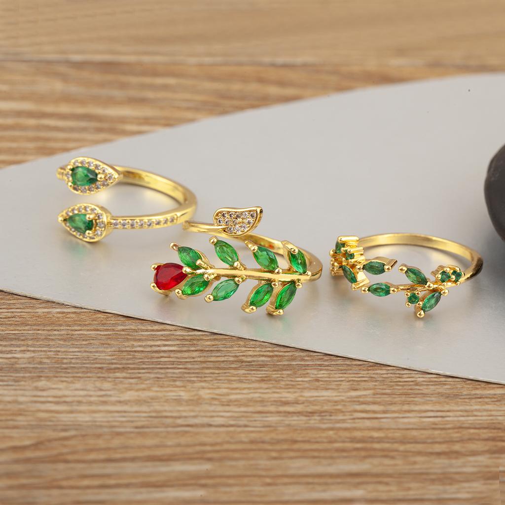 Nidin New Trendy Leaf/Water-drop/Flower Shape Inlaid Green Zircon Open Rings Adjustable For Women Temperament Finger Jewelry