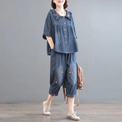 Denim Set Damen Sommer Locker und Dünn Neue Bedeckung Vintage Stickerei Lässig Zweiteiler Set Flut