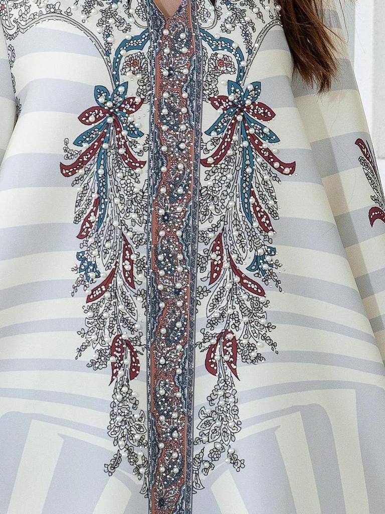 SW1101 Blisko-Wschodni Muzułmański Damski Strój Abaya z Nadrukiem, Koralikami z Cyrkonii i Stójką