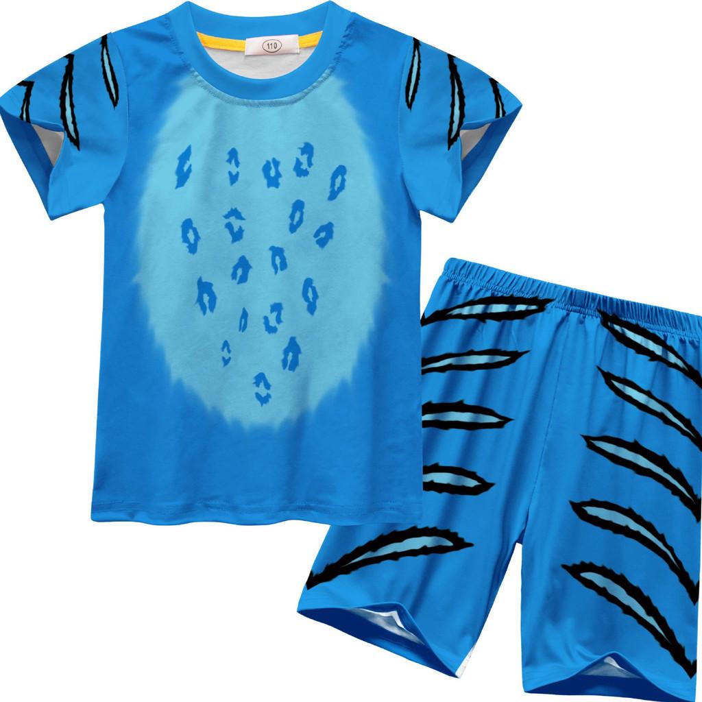 

Kids Boys Girls Anime Cartoon Blue Monster Tiger Printed Short Sleeves T Shirt Shorts Pants Clothes Set 150cm синий