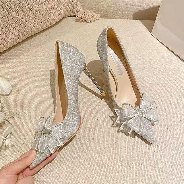 Rhinestone Celebrity Temperament Comfortable Wear-resistant High Heels 2025 Spring and Autumn New French Pointed Bow Single Shoes