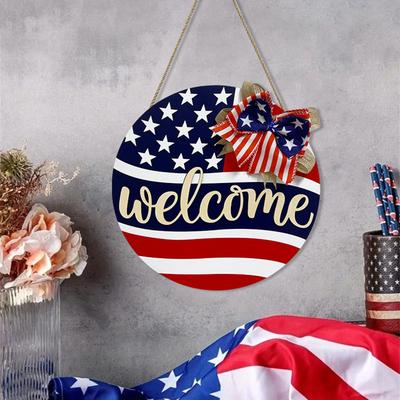 Independence Day Welcome Sign Wooden Plaque Decoration Memorial Day  Wooden Patriotic Wreath Wall Hanging Outdoo