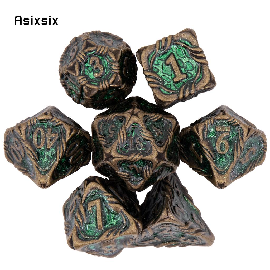 7 Pcs Yellow Green Tree Vine Metal Dice Solid Metal Polyhedral Dice Set Suitable for Role-Playing RPG Board Game Dice RPG