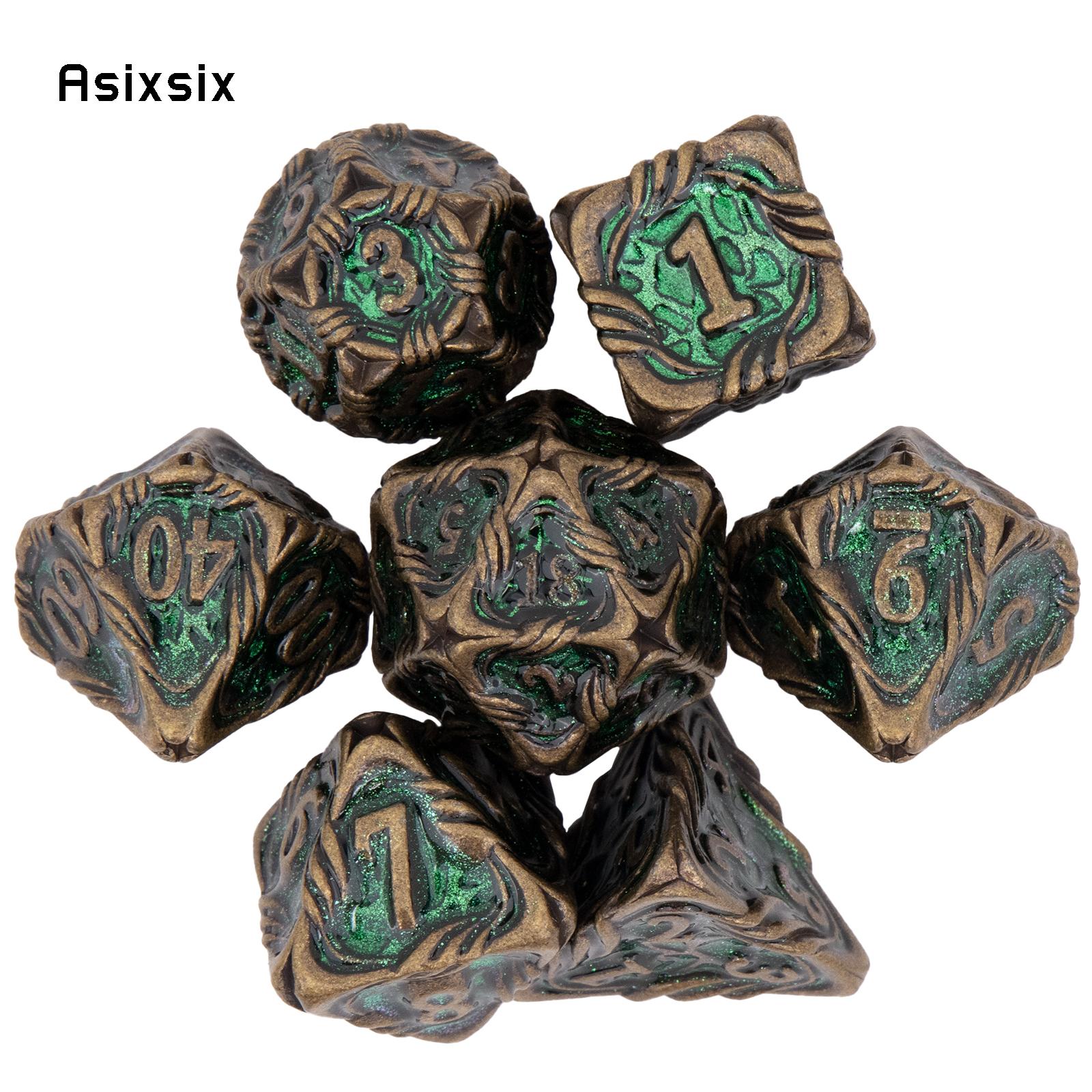7 Pcs Yellow Green Tree Vine Metal Dice Solid Metal Polyhedral Dice Set Suitable for Role-Playing RPG Board Game Dice RPG