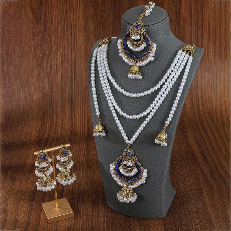 Multi-layer Pearl EarringsNecklaces Hair Chain SetsHigh-end Retro Ethnic Style Accessories