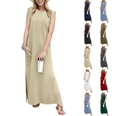 Women Summer Round Neck Casual Loose Split Wrinkle-Free Long Maxi Beach Dress With Pockets