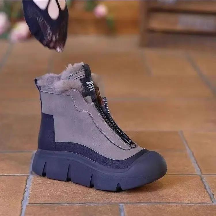 

Female Winter Snow Boots Front Zip Thick Bottom Cotton Shoes Warm Versatile Round Head High top Flats Comfortable Fashionable Daily Wear Footwear for 40