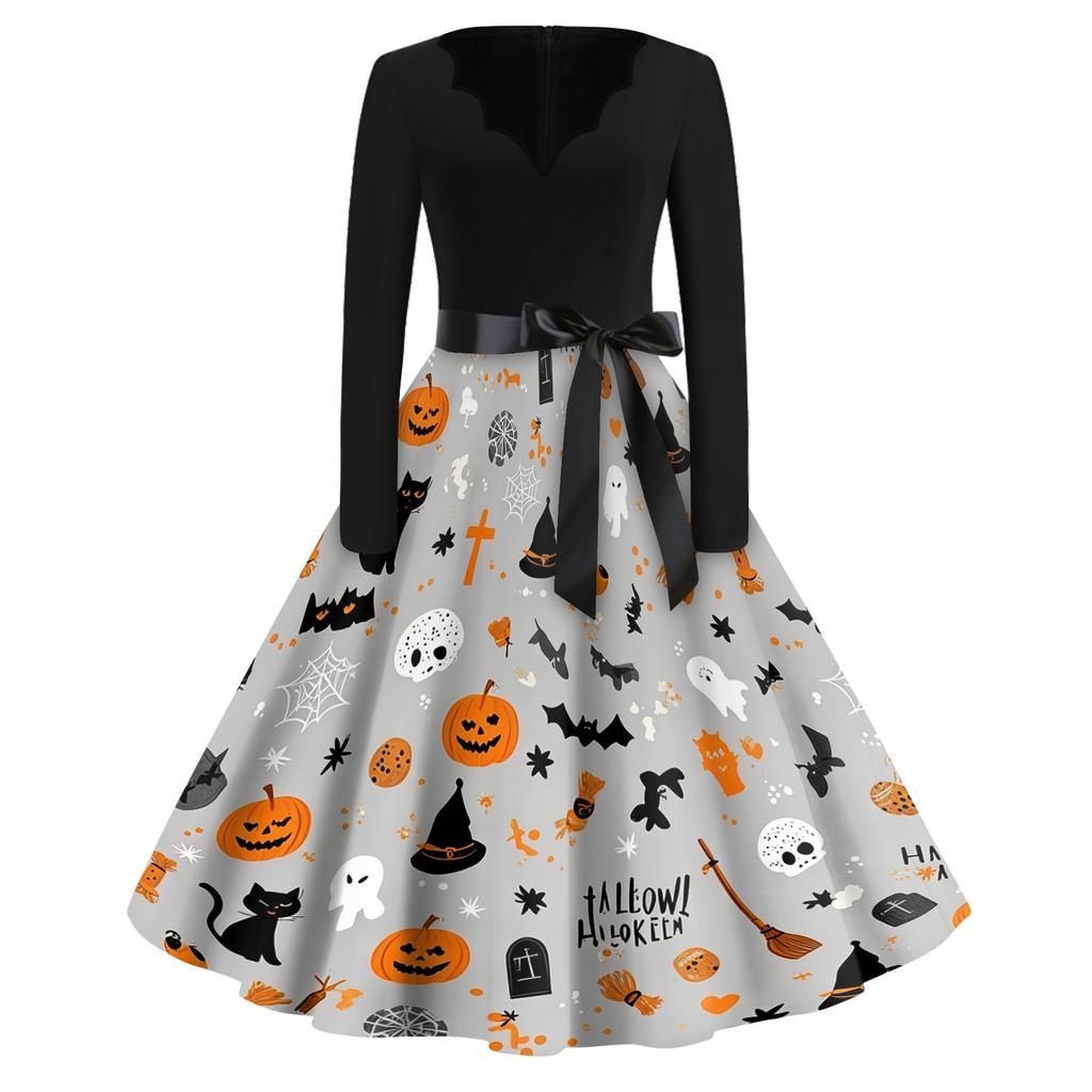 Womens Casual Halloween Print V Neck Vintage Dress Long Sleeve A Line Retro Style Midi Dress with Waist Tie