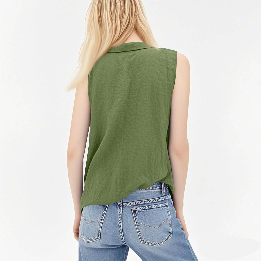 Women's Fashion Loose Standing Collar Button Cotton T-Shirt Color Sleeveless Top