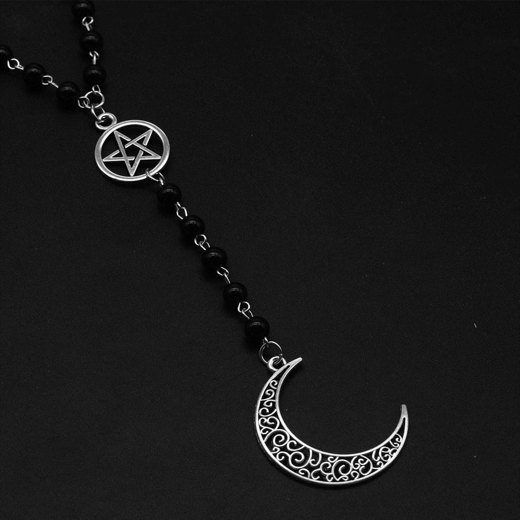 Vintage Silvery Moon Cross Pentagram Hollow Pendant Rosary Necklace Gothic Jewelry Versatile Party Travel Daily Wear Style Jewelry Gift