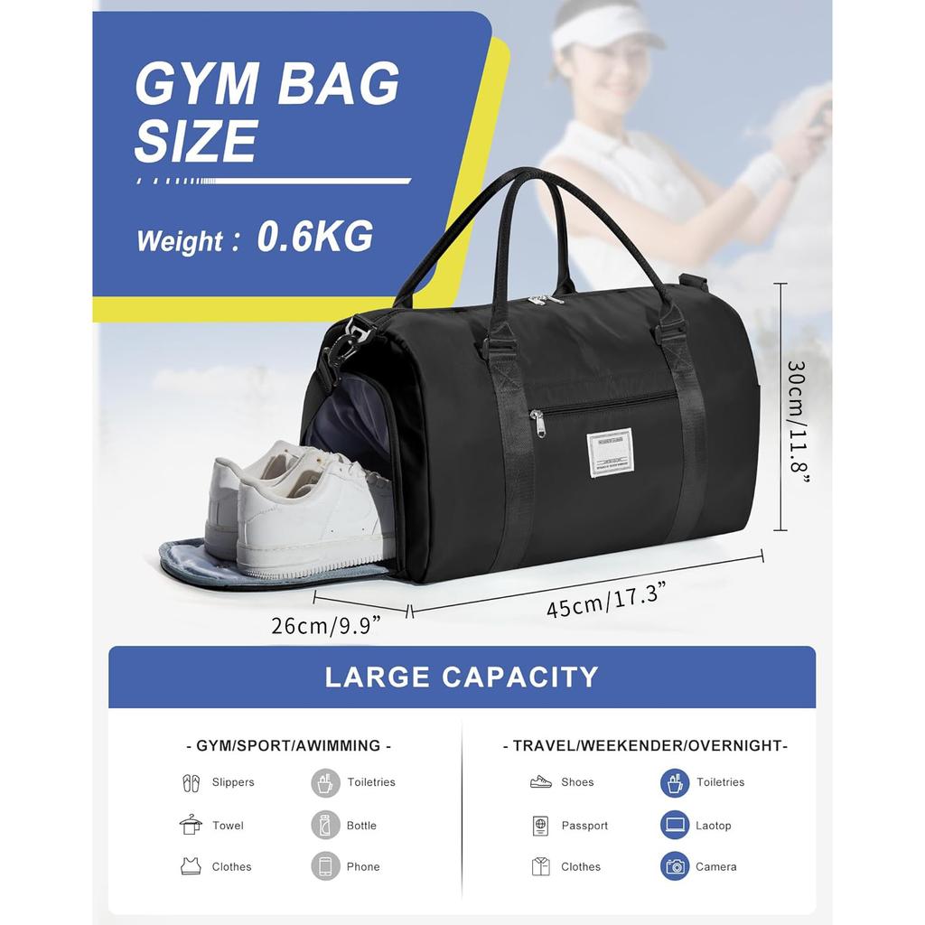Sporttas voor Dames & Heren - Reis Duffel met Schoenvak & Nat Vak, Waterdichte Sport-, Yoga-, Weekend-, Handbagage