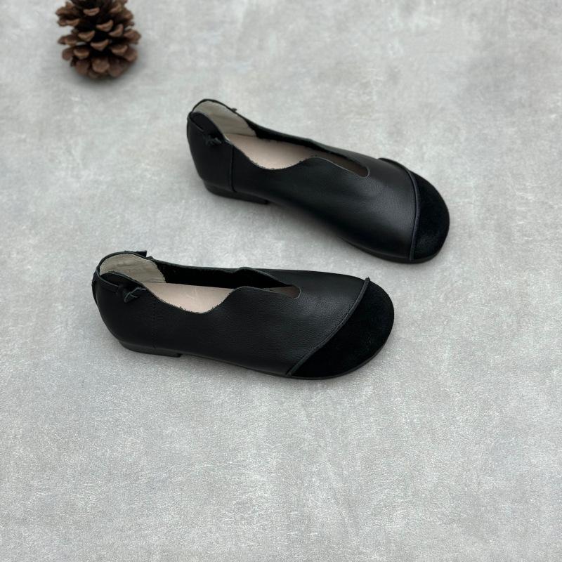 Genuine Leather Single Shoes Spring and Summer Color-matched Round Toe Simple and Versatile Soft-soled Soft Cowhide Casual Shoes