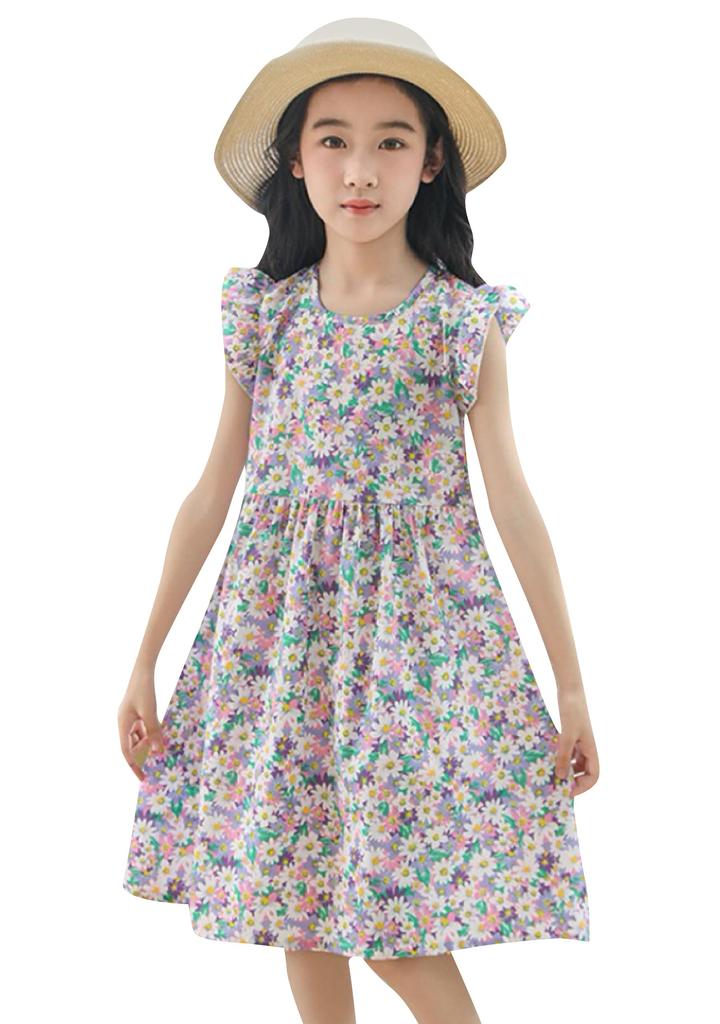 OMZIN Short Sleeve Dress for Sister Floral Print Size 120 Girls, Kids, Outfit, All-Over Print, Casual, Dress, Purple,