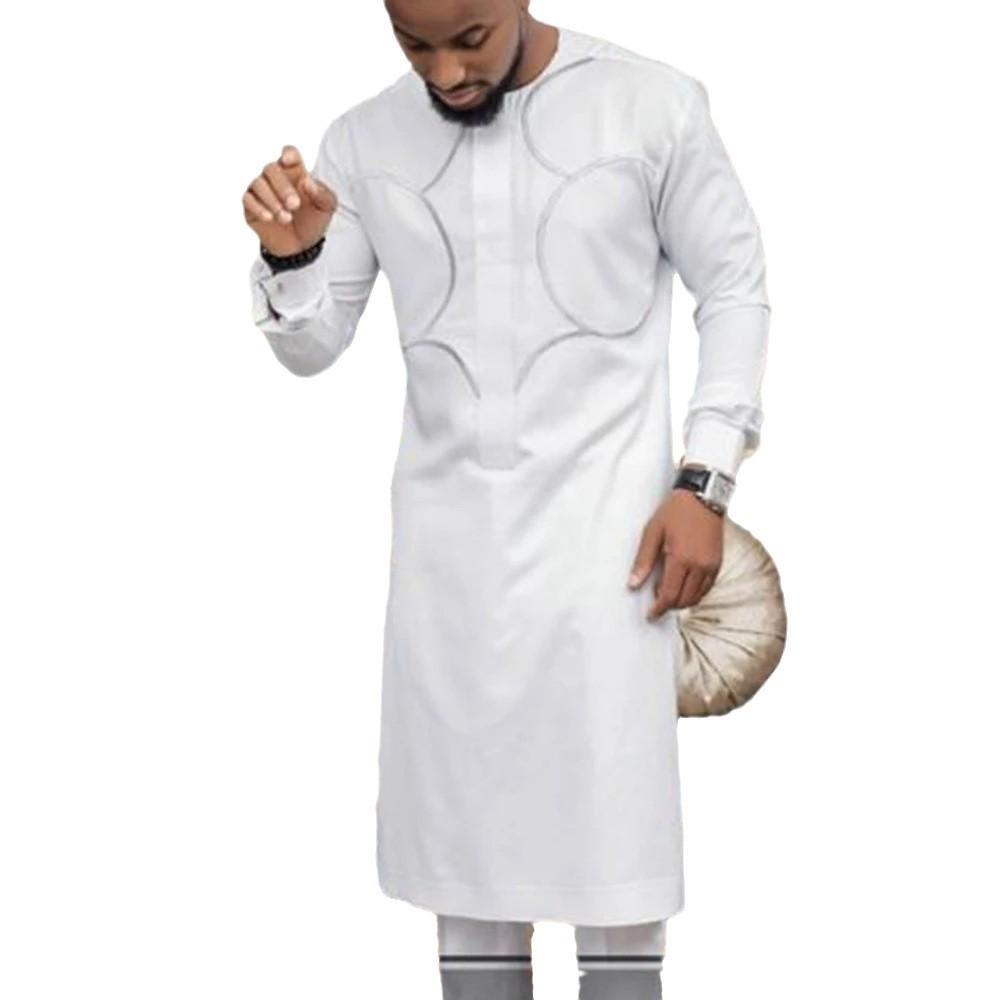 Traditional African Muslim Men's Wedding Suit: 2-Piece Set with Round Neck Long Sleeve Top and Pants