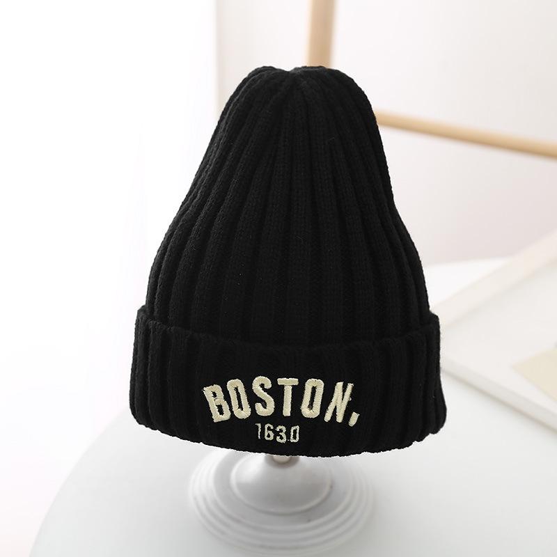 Winter Baby Knitted Hat with Earmuff Letter Embroidered Toddler Beanie Cap Solid Color Warm Woolen Kids Ear Protection Hats