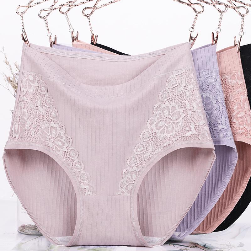 Gerippte Unterwäsche für Damen in Übergröße aus reiner Baumwolle mit Spitze, hochgeschnittene Slips, Unterhosen für Mütter mittleren Alters, Plus Size, Mm-Dreiecksslips