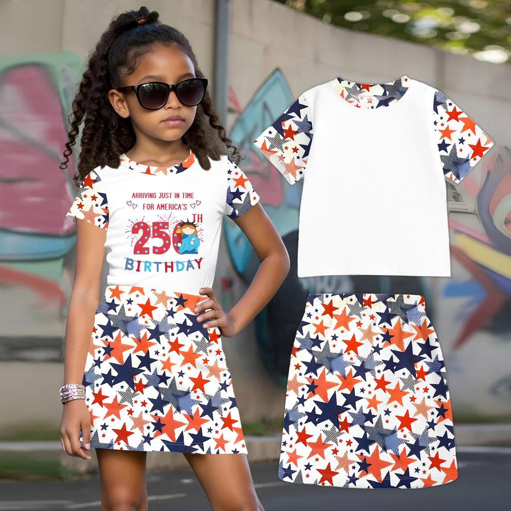 Girls Casual Two Piece Set Short Sleeve Crew Neck Top with Star Pattern Skirt Lightweight Summer Outfit for Kids