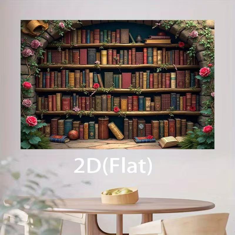 2D Romantic Library Tapestry Vintage Bookshelf with Blooming Roses and Ivy Wall Art