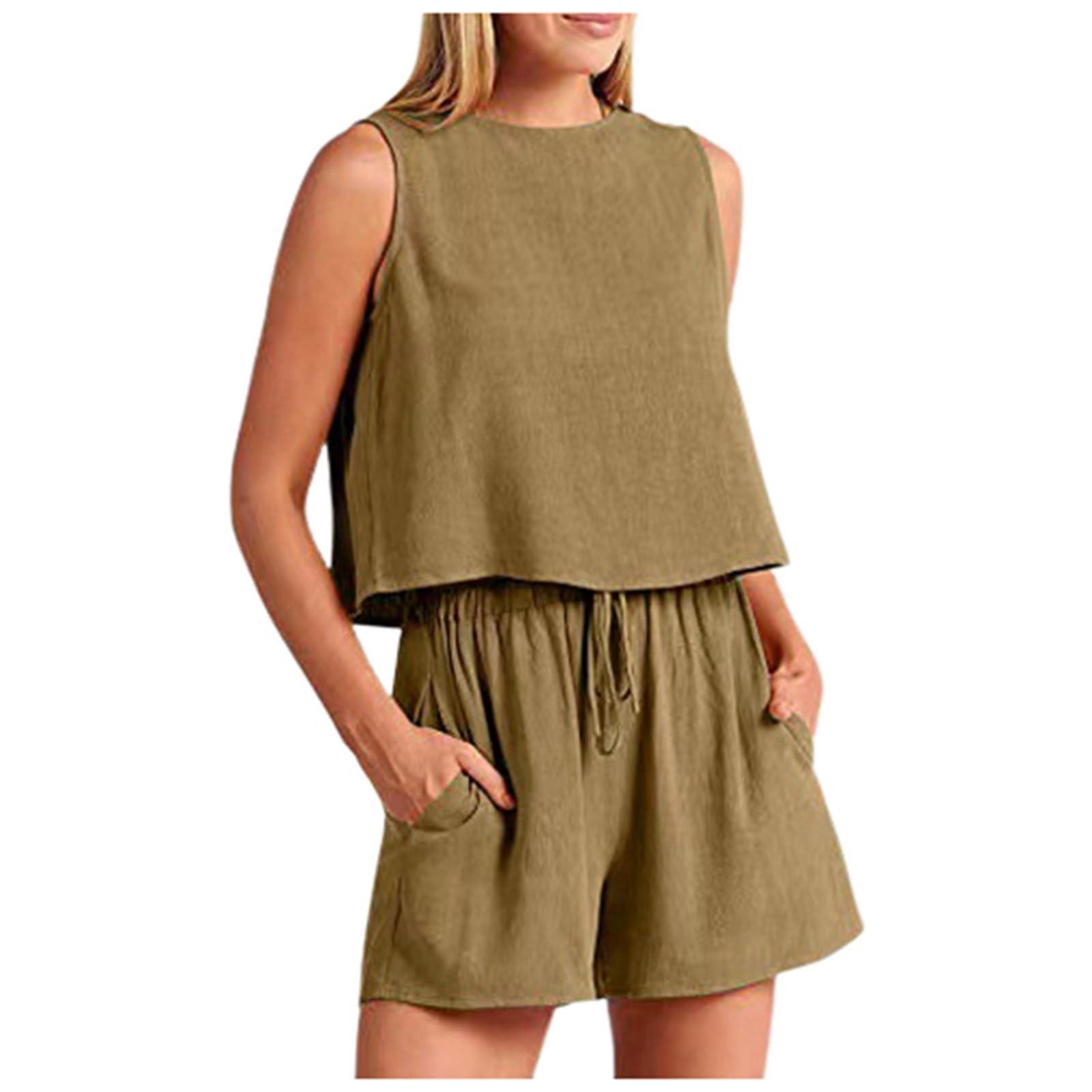 Женский летний льняной костюм из двух предметов без рукавов с круглым вырезом — фото 13