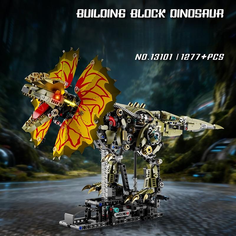 Non-Toxic 1277Pcs Mechanical Dinosaur Blocks Dual Crested Dilophosaurus Light Up Moving Model Jurassic Decor Creative Gift Set
