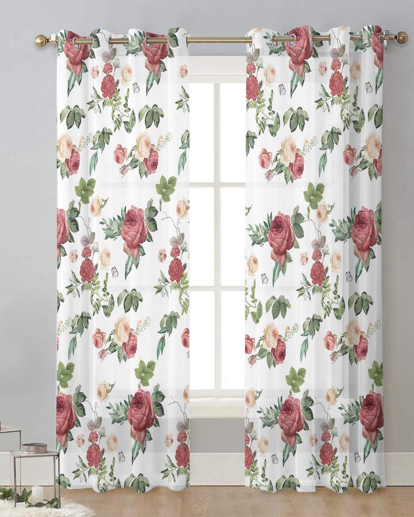 Plant And Flower Watercolor Retro Pink Sheer Curtains for Living Room Decoration Window Curtains Kitchen Tulle Voile Curtains