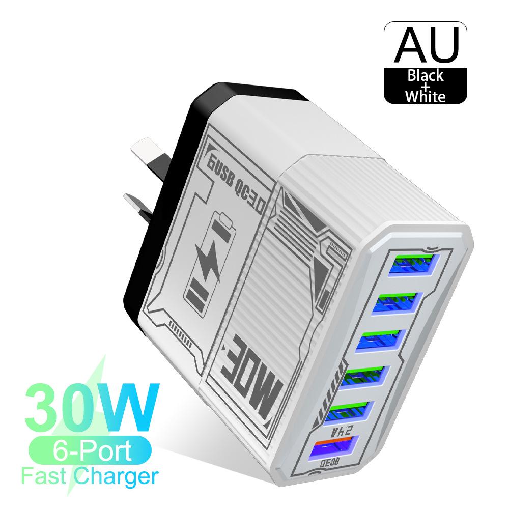 30W 6-Port USB QC3.0 Fast Charger Adapter - EU, US, UK, AU Plug