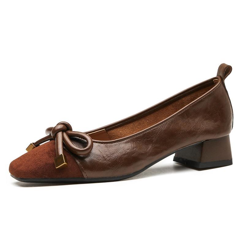 H965-2 pantofi simpli cu toc gros pentru femei, toamnă nou, piele întoarsă, fundă, retro, toc înalt, piele moale, nu obosesc picioarele, femei