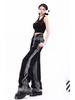 Women's Summer 2024 Black & Gray Gradient Wide-Leg Denim Pants: Slimming, Draping, Floor-Length, Straight-Leg