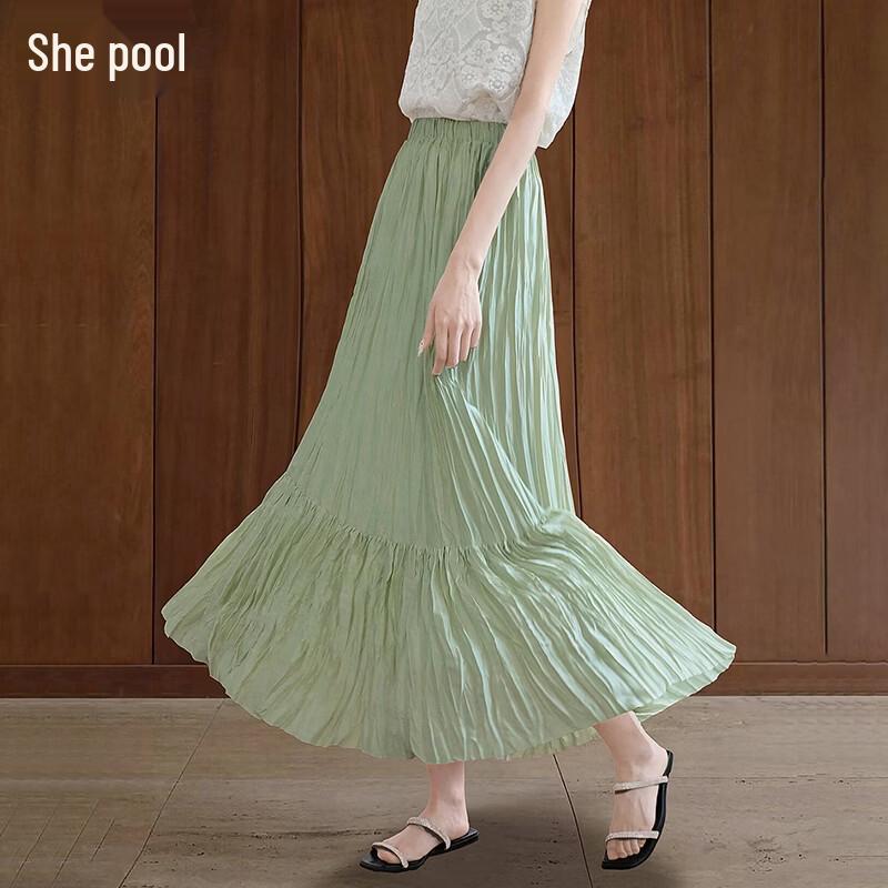 Women s Elastic Waist Pleated A-Line Maxi Skirt M