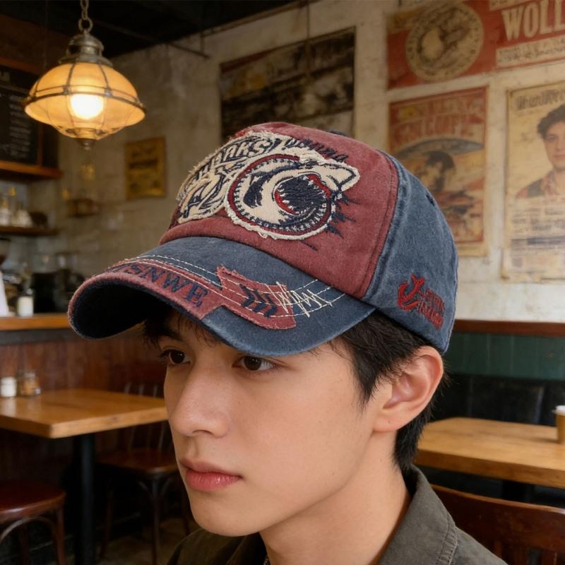 Water Scrubbing Jeans Baseball Cap With Embroidered Shark Design Adjustable Hat Circumference For Men And Women
