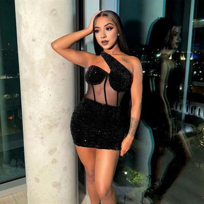 Women Dress One Shoulder Shiny Sequin See-through Mesh Patchwork Slant Neck Sleeveless Backless Sheath Slim Fit