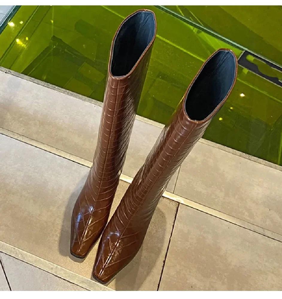 Punk Style Thin Low Heels Long Booties New Design Stone Grain Woman Knee-High Boots 2026  Autumn Winter Shoes
