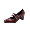 Fashion 2025 Spring Autumn Women Double Buckle Pumps Shoes Leather Square Head Square Heel Solid Color Women's Shoes Heeled Loafers