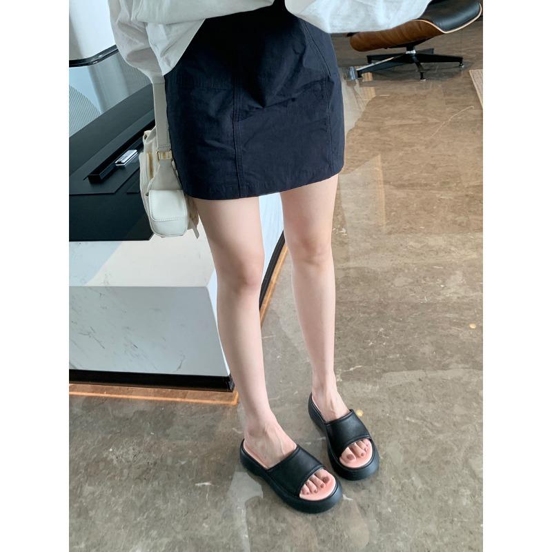 

Sheepskin thick bottom heightening genuine leather slippers women s round head one pedal casual cool slippers summer wear 40