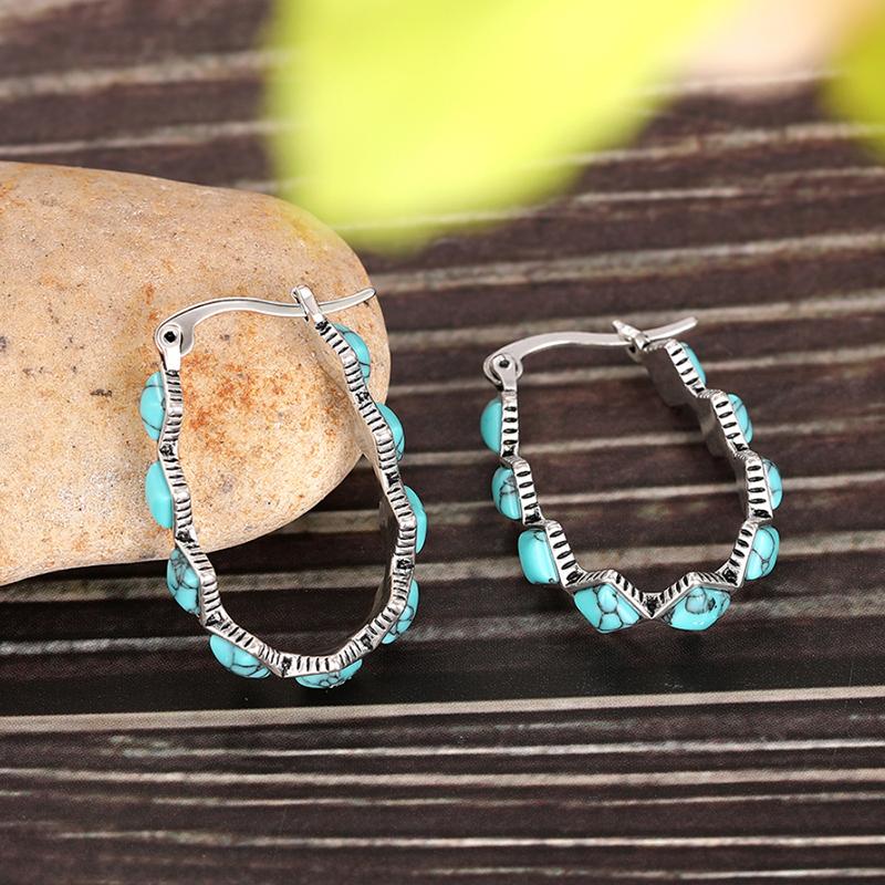 Boho Square Imitation Turquoise Earrings for Women Anti Silver Color Retro Hoop Earrings Anniversary Gift Bohemia Jewelry