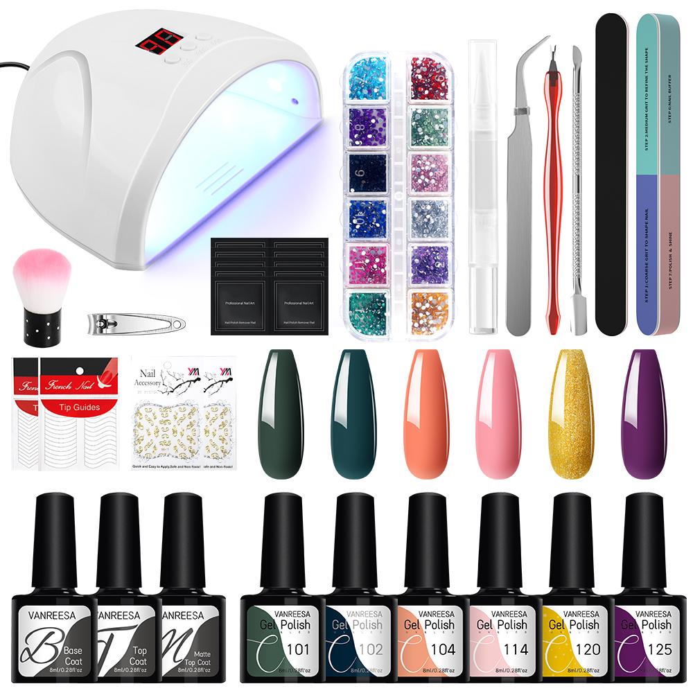

Набор гель-лаков VANREESA с лампой для сушки ногтей, замачиваемый УФ-светодиодный полуперманентный набор гелей для ногтей, набор инструментов для дизайна ногтей SET 1
