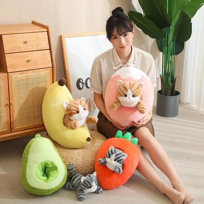 Cartoon Avocado Banana Strawberry Carrot Cat Plush Toy Cute Fruit Kitty Pillow Stuffed Accompany Doll Room Decor Birthday Gift