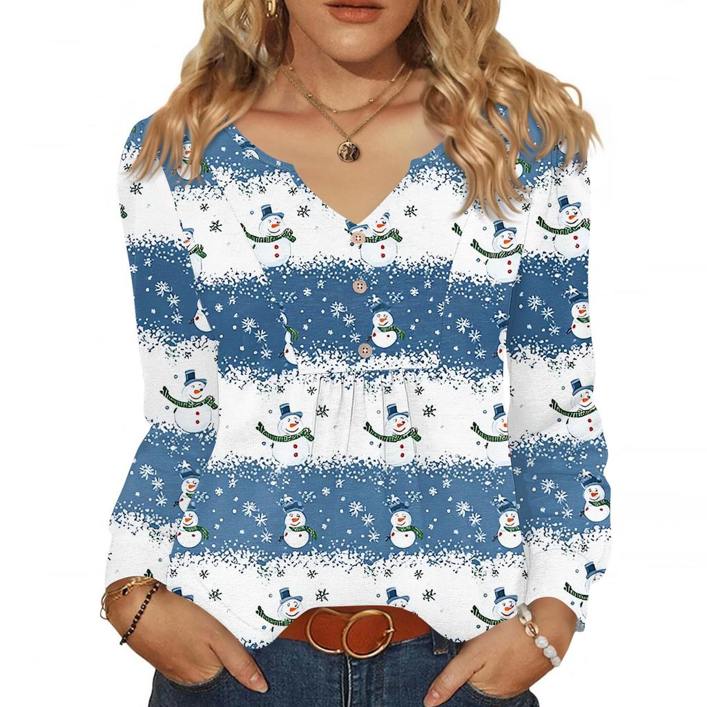 Women's Fashionable Casual V-neck Blouse Button Christmas Printed Long-sleeved Pullover T-shirt Top