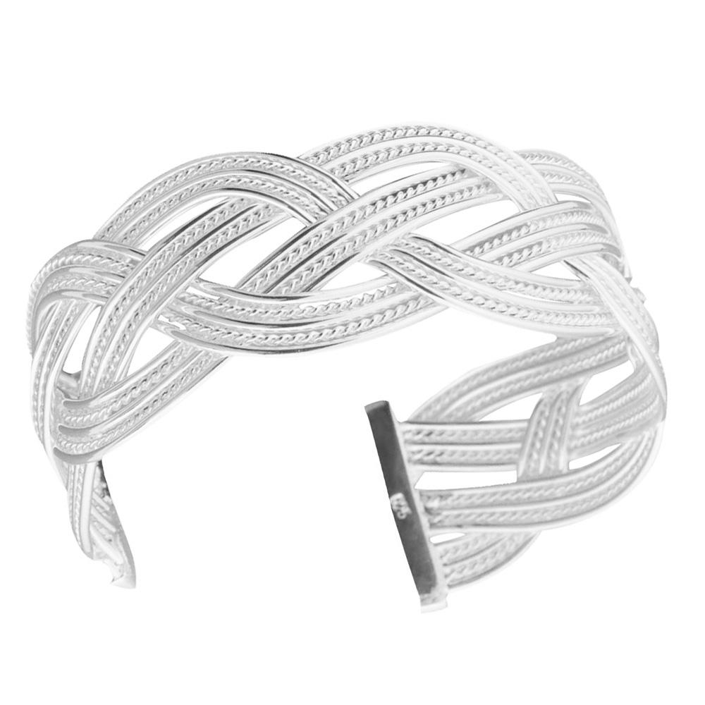 Women Vintage Woven Bracelet Silver Plated Copper Bangle Girls Ethnic Style Wristband Wrist Jewelry