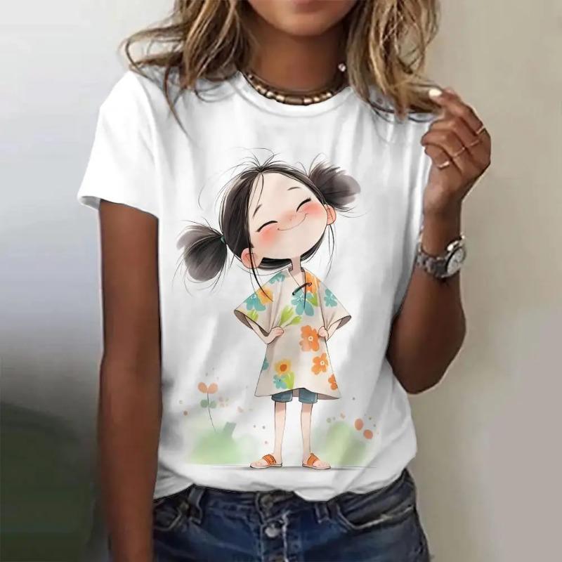 

Летняя женская футболка с рисунком аниме-девушки, повседневный свитер с коротким рукавом, модная уличная одежда, милая женская футболка 5XL