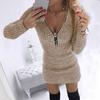 Damen Herbst und Winter Kleidung Reißverschluss Taillenbetonung Langarm Strickkleid Hüftumspielend