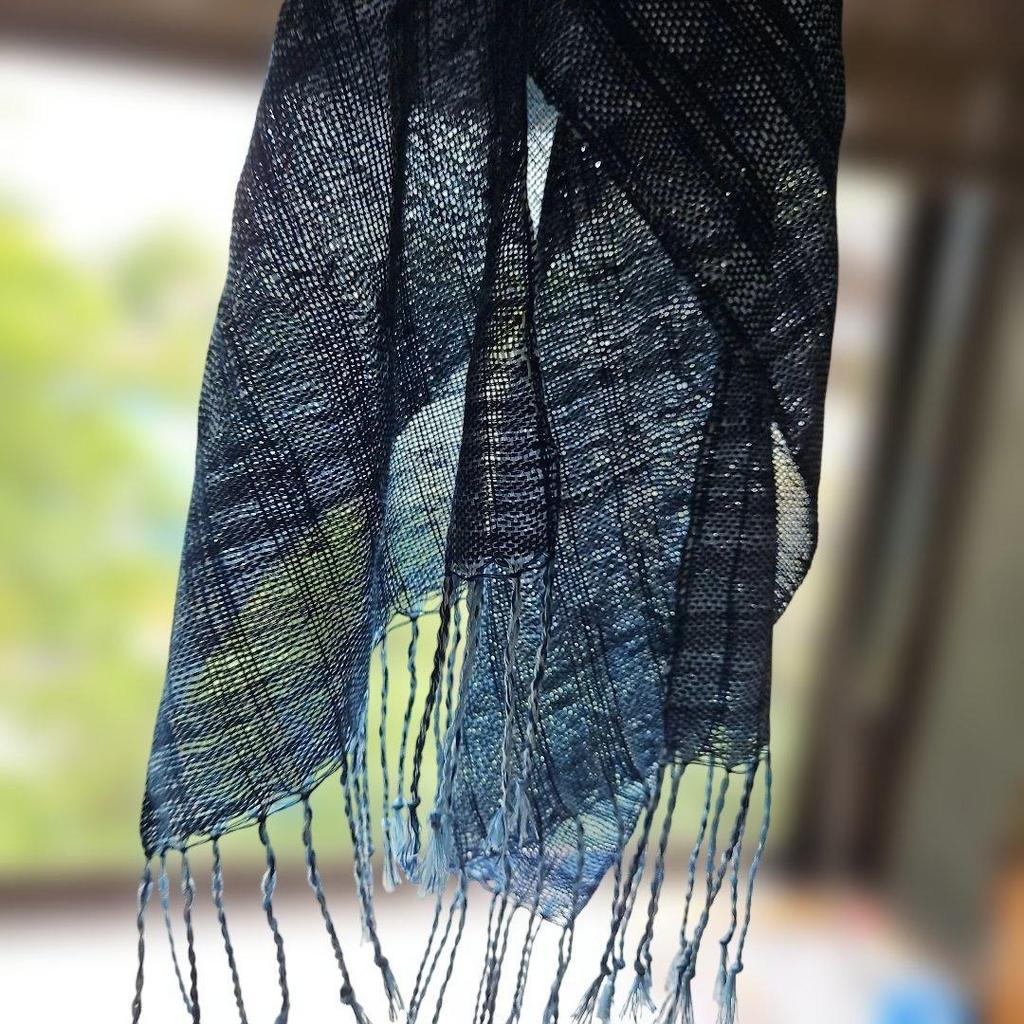 Used New, Indigo-dyed and light blue silk stole, approx. 28cm x 120cm