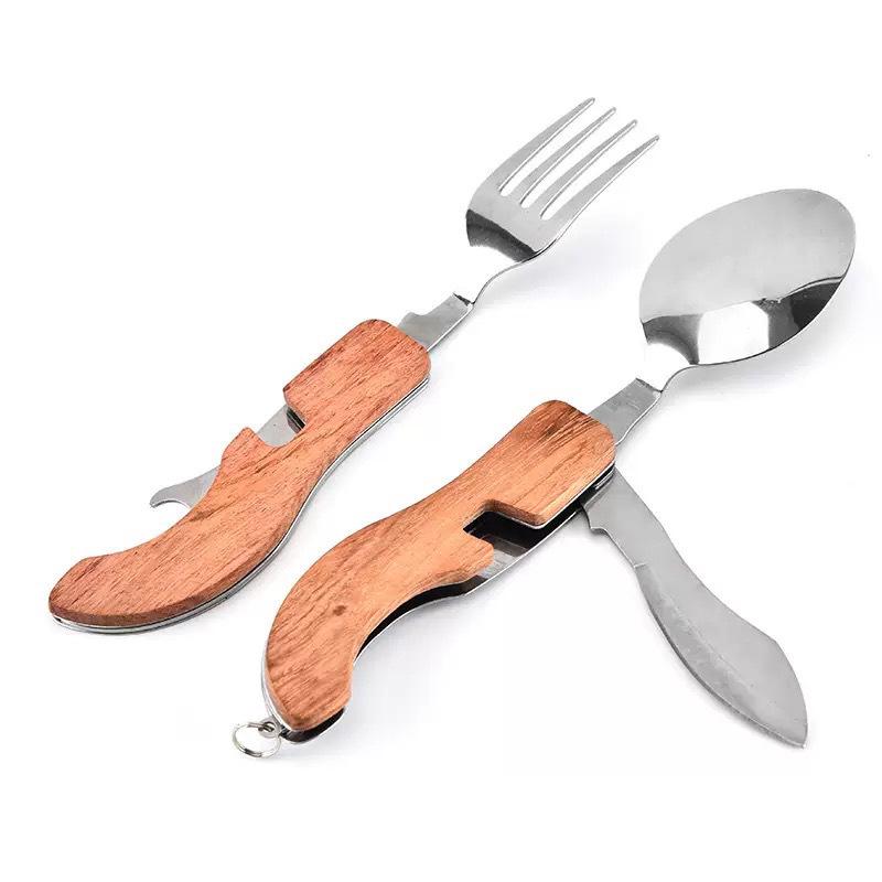 Camping Multifunctional Stainless Steel Cutlery Set: Folding Knife, Fork, and Spoon.