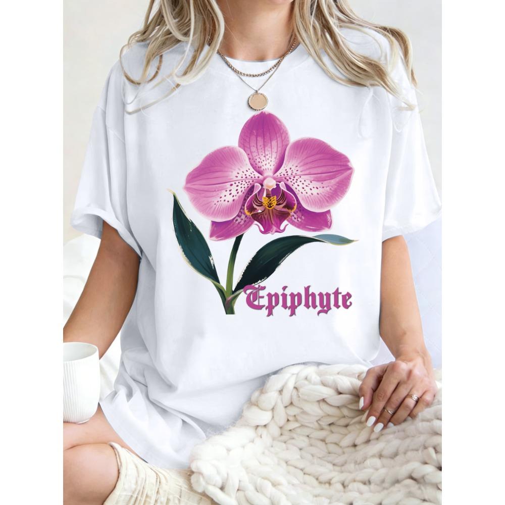

Epiphyte Pink Flower Printed T Shirt Women Summer Oversized T-Shirt Crewneck Breathable Clothes Cotton Streetwear S